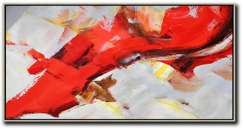 Horizontal Palette Knife Contemporary Art Panoramic Canvas Painting,Modern Wall Decor,Red,White,Yellow